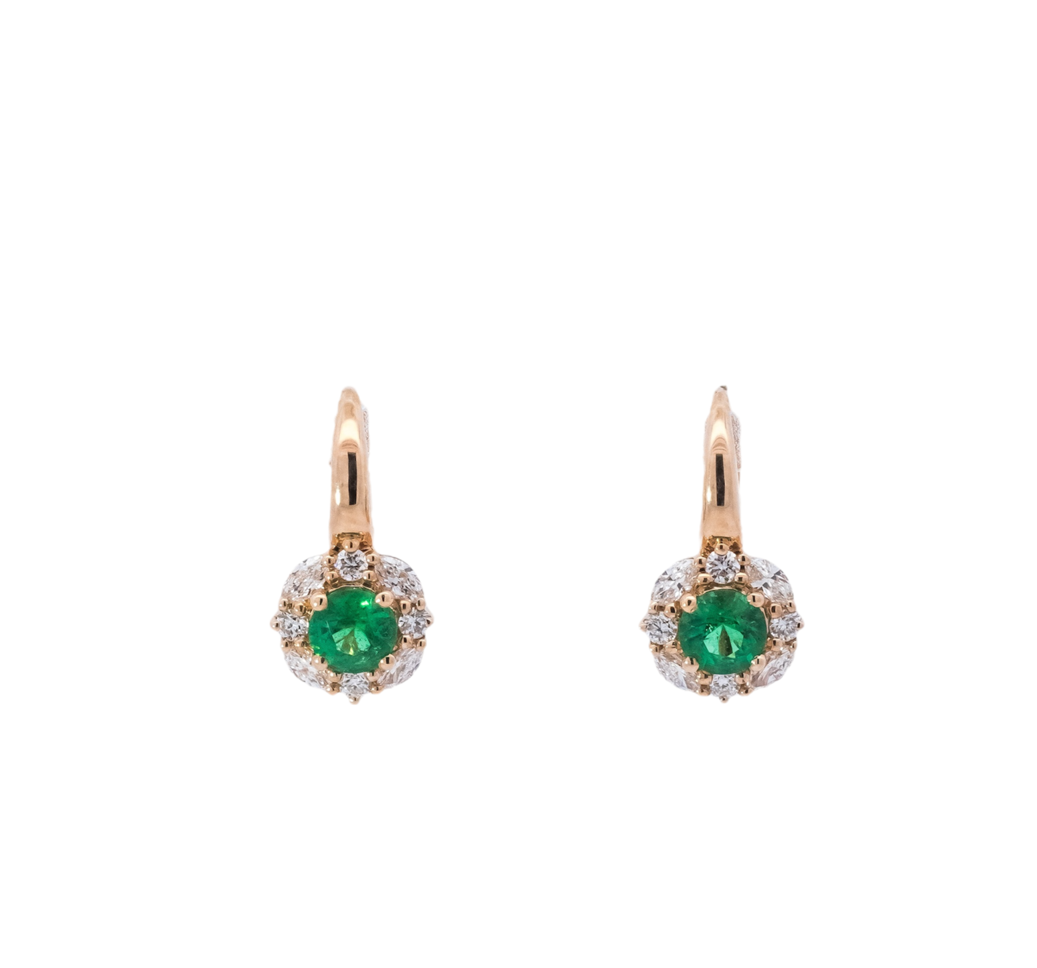 Aretes oro rosa 18kt  tipo Huggies con halo de diamantes corte redondo , marquise  y esmeraldas corte redondo