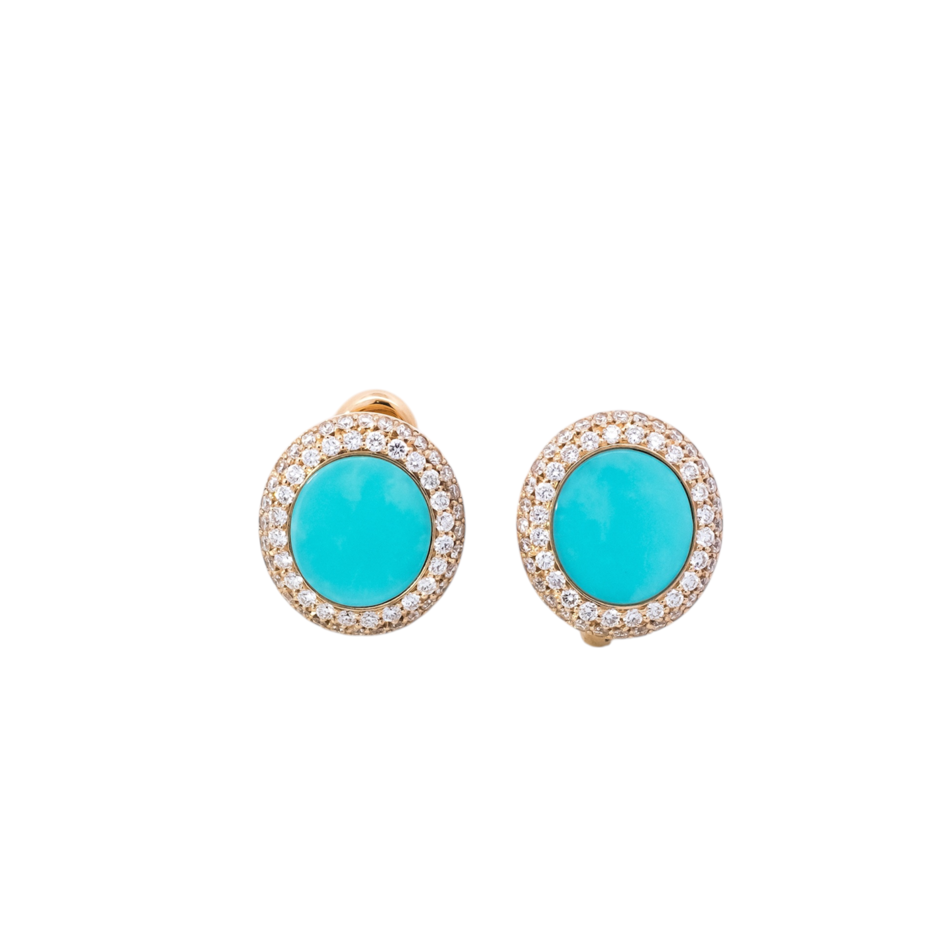 Aretes oro rosa 18kt con cierre omega doble halo de diamantes con turquesa