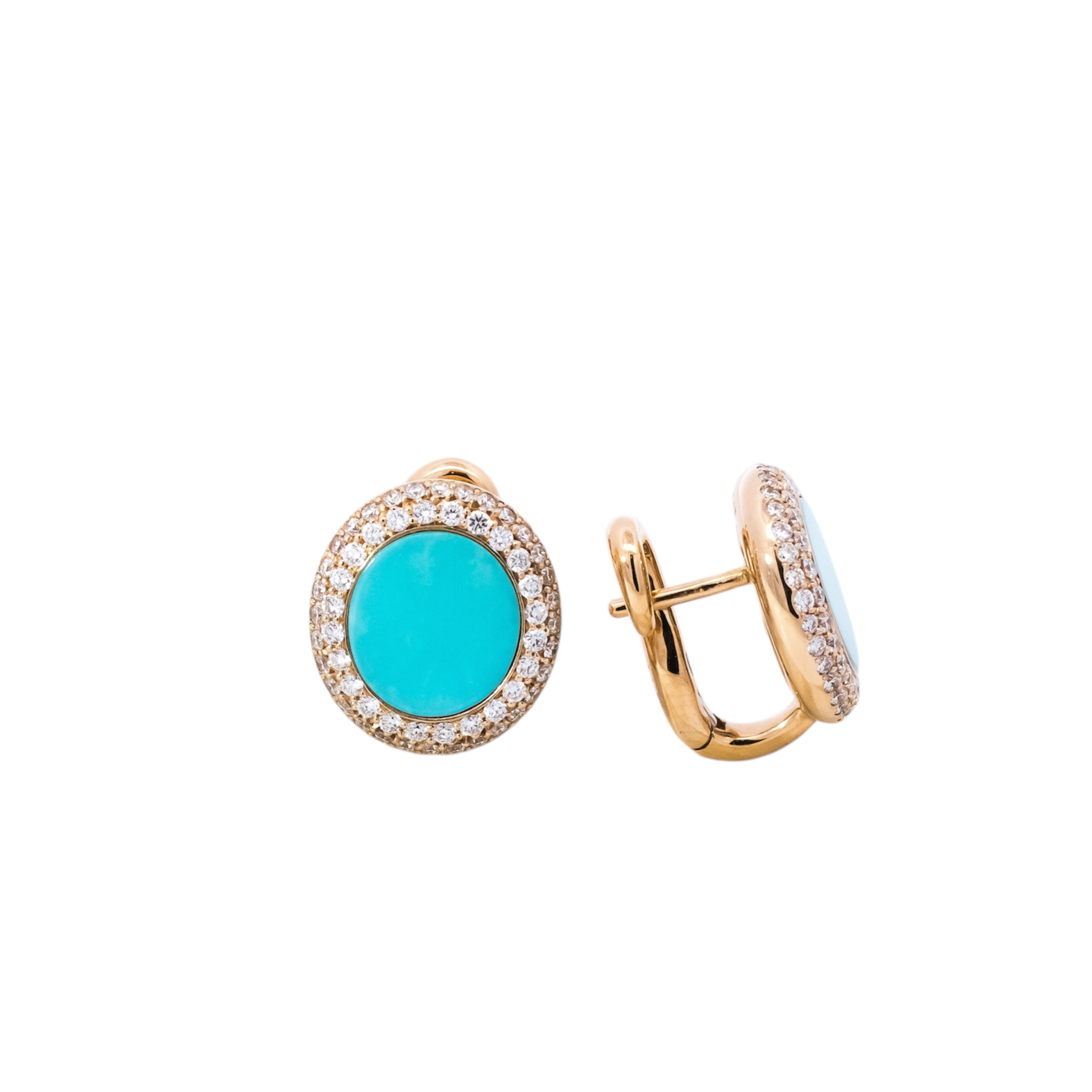 Aretes oro rosa 18kt con cierre omega doble halo de diamantes con turquesa