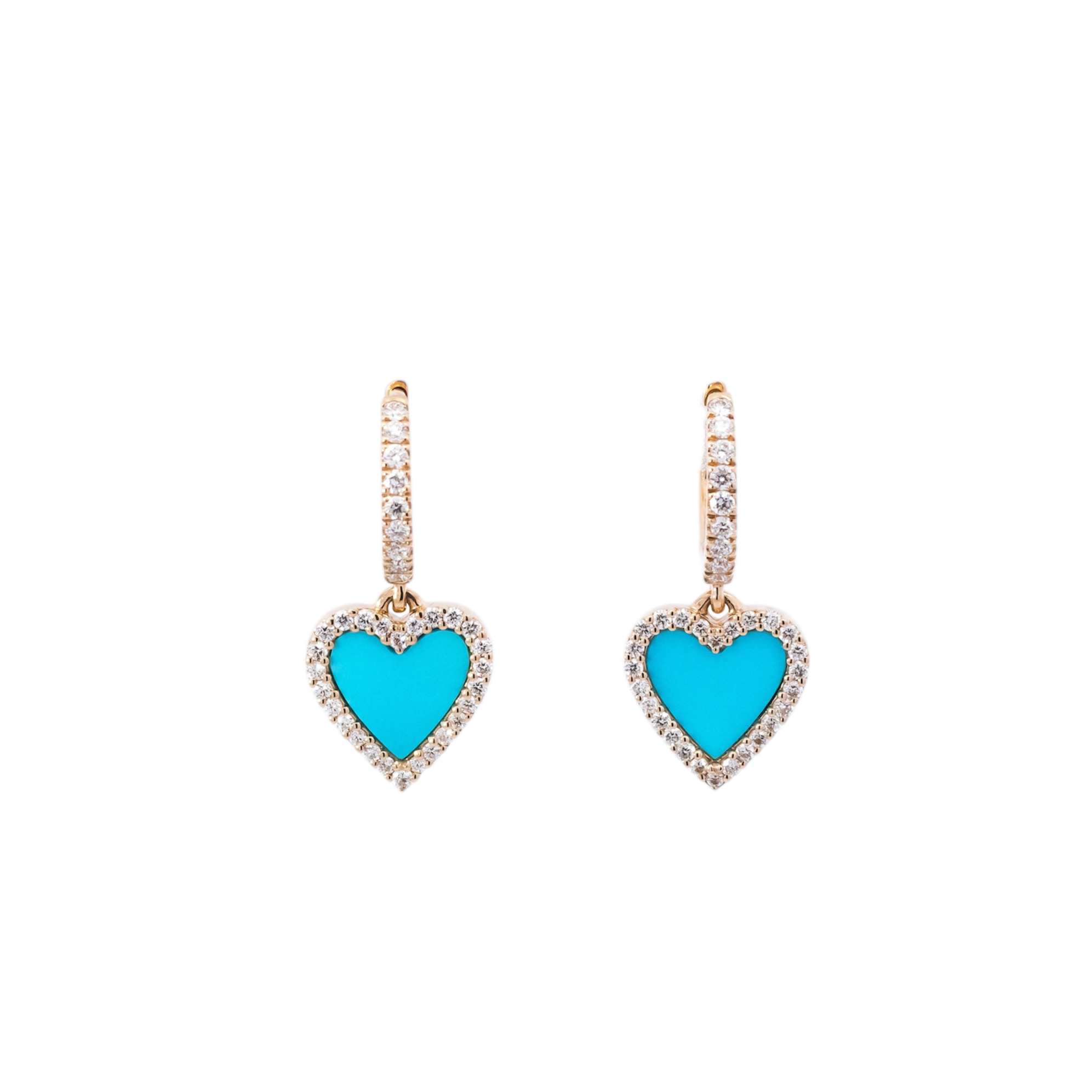 Aretes tipo Huggies  oro rosa 18kt con dije de corazones en diamantes y turquesas