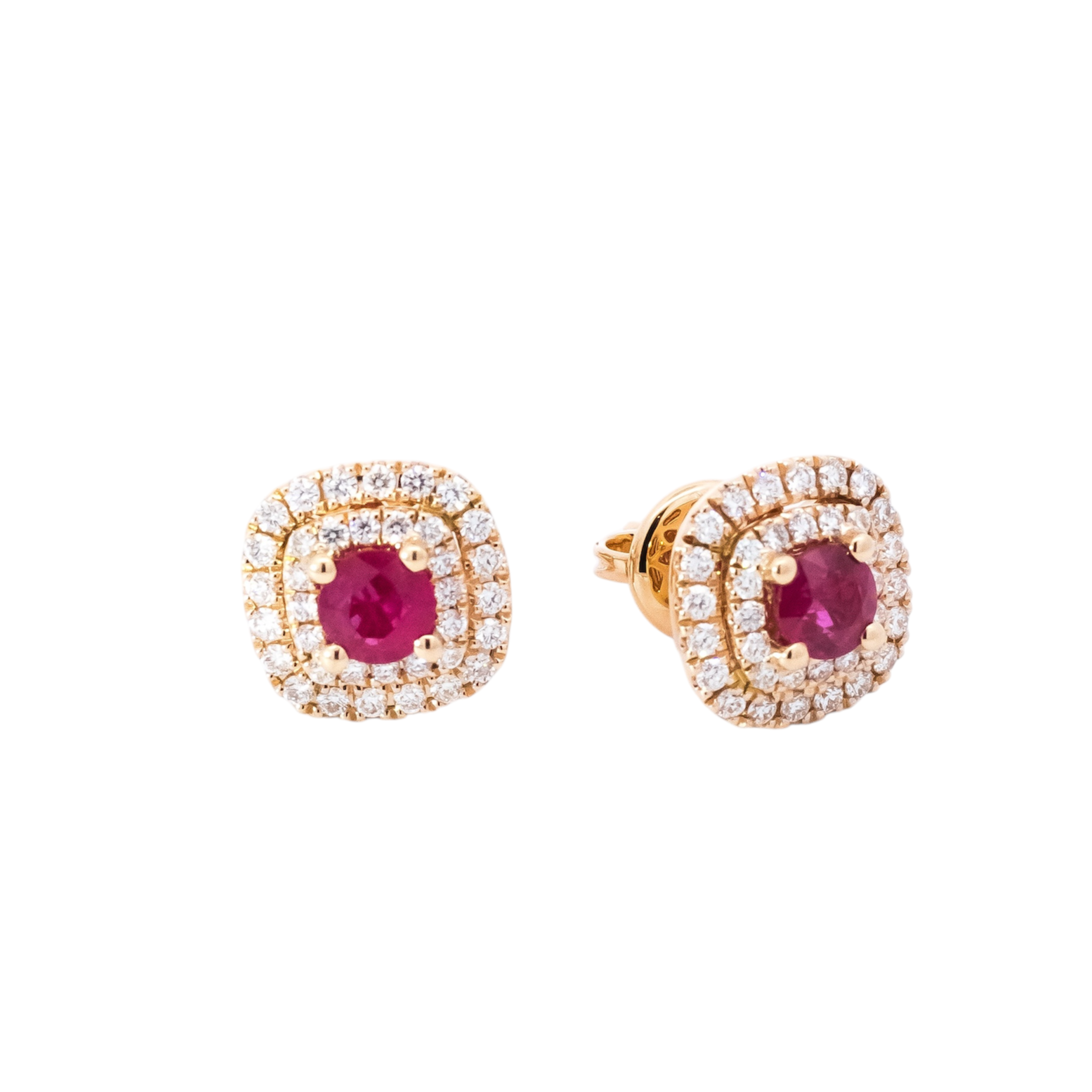 Aretes oro amarillo 18kt doble halo de diamantes con rubís