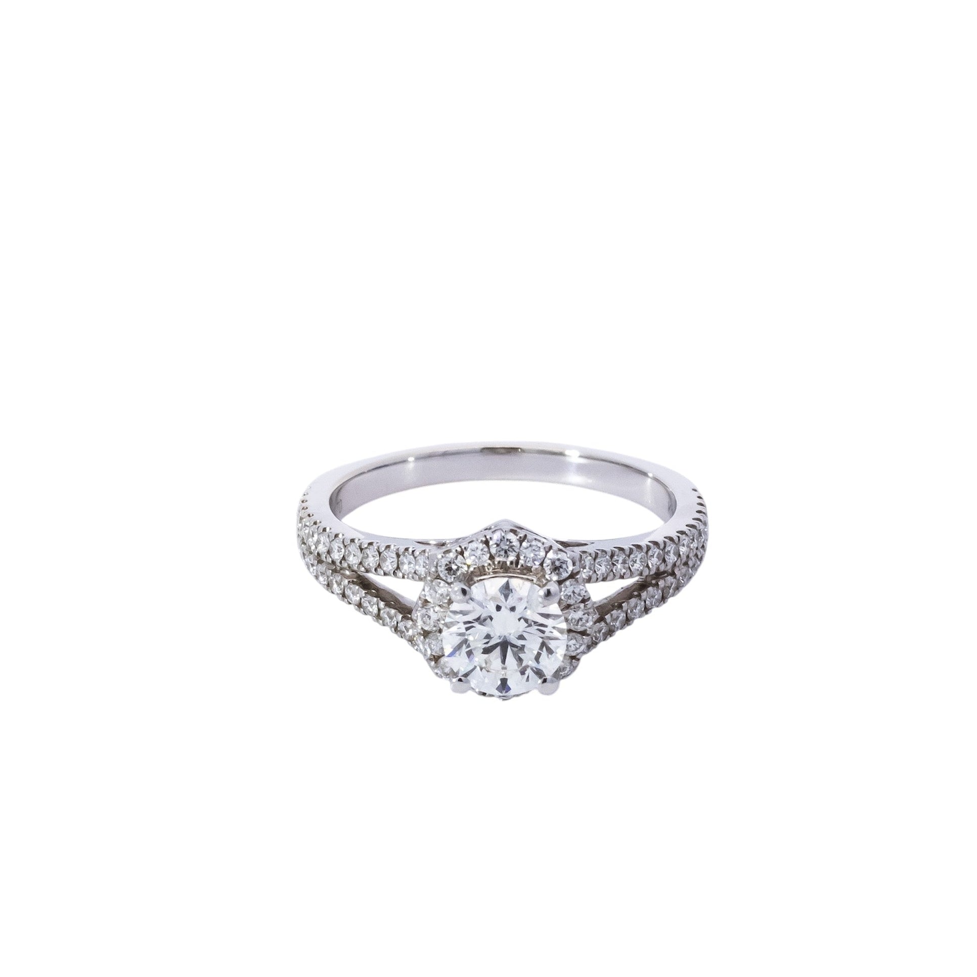 Anillo oro blanco 18kt doble línea y halo diamante  central 0.77ct