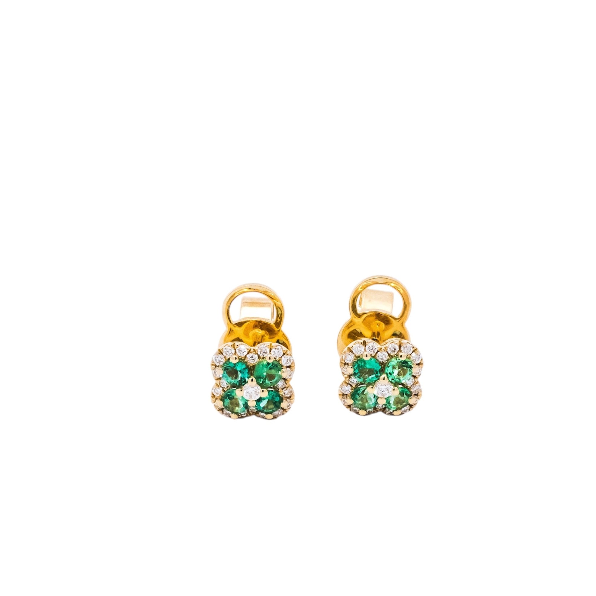 Aretes oro amarillo 18kt diseño de flor con diamantes y esmeraldas