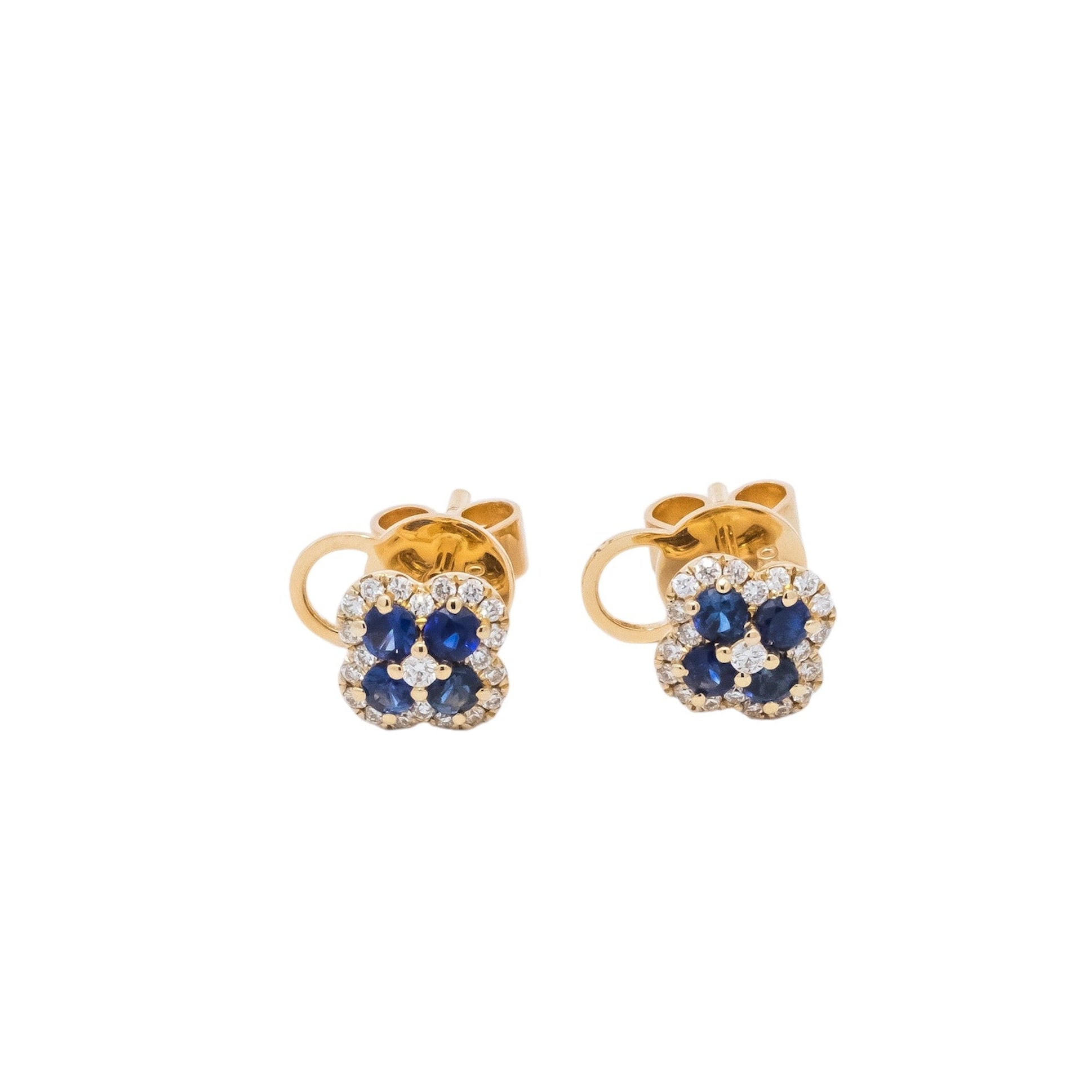 Aretes oro amarillo 18kt diseño de flor con diamantes y zafiros
