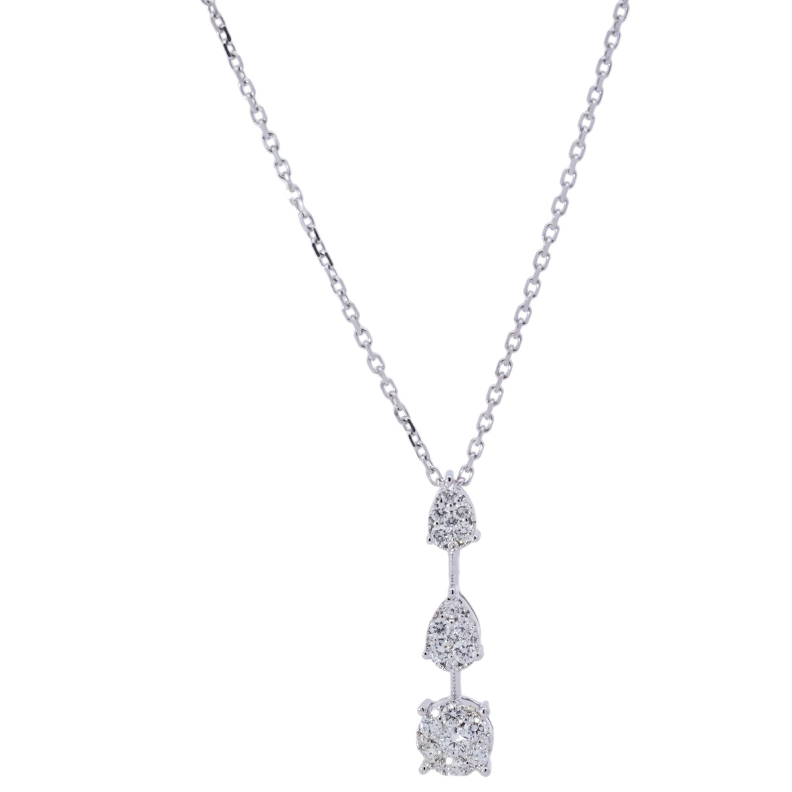 Collar oro blanco 18kt con dijes en forma de gotas y redondo en diamantes