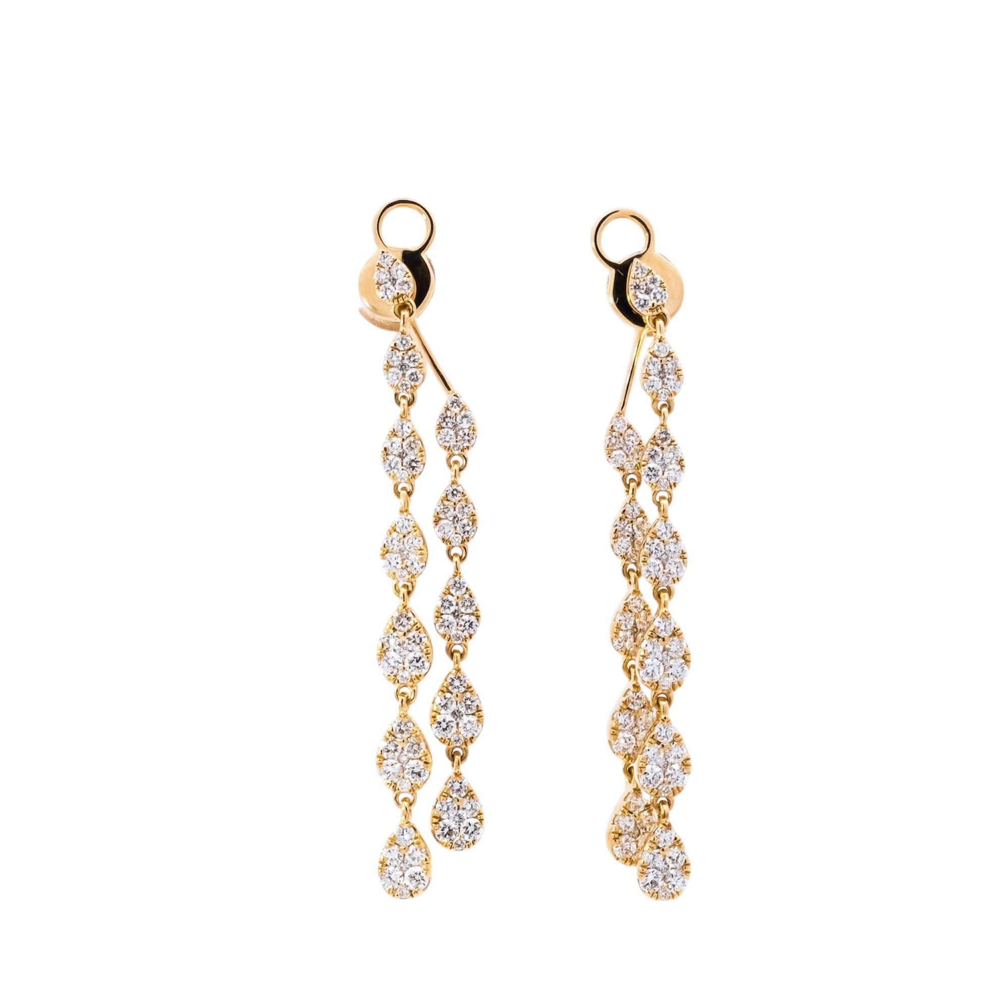 Aretes largos oro amarillo 18kt diseño en forma de gotas con diamantes