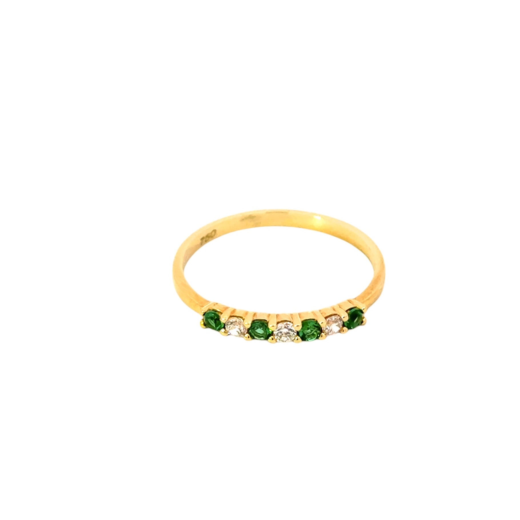 Anillo 18k  semi banda en circones verdes y blancos