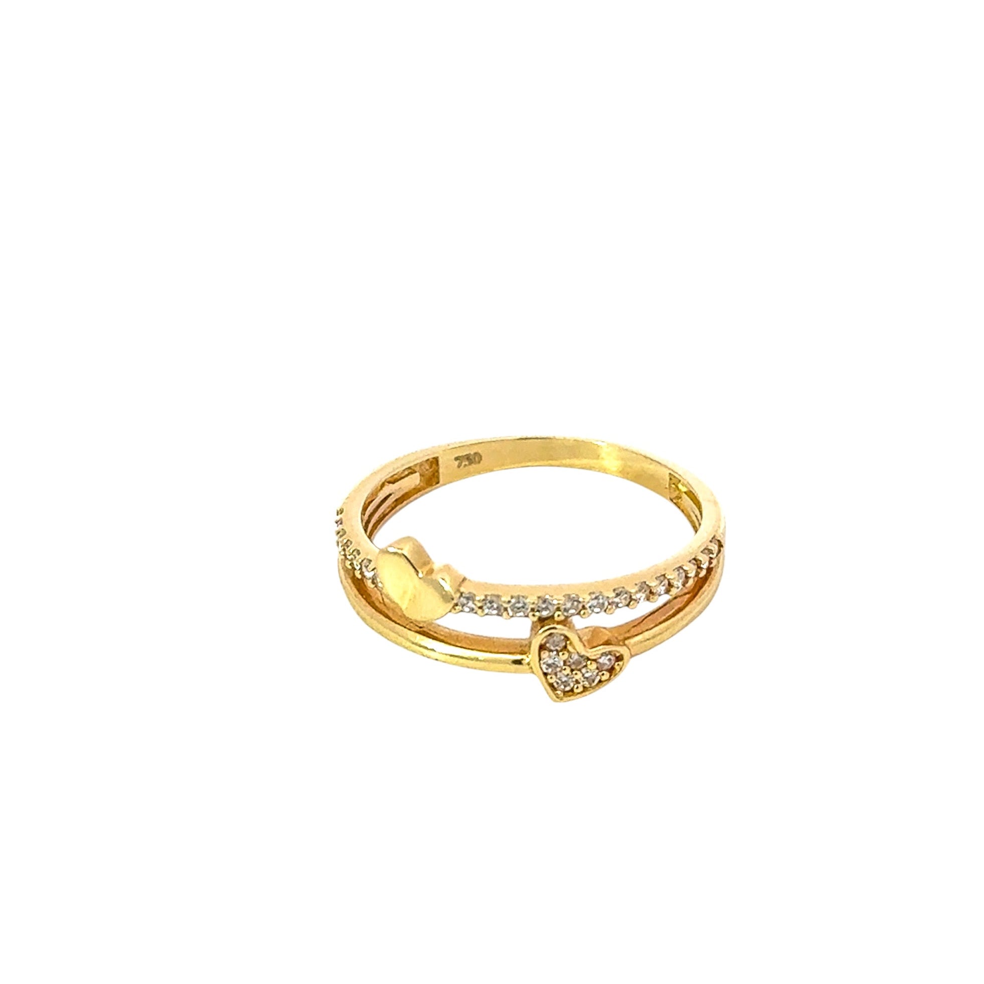 Anillo 18k doble línea con circones y diseños de corazones