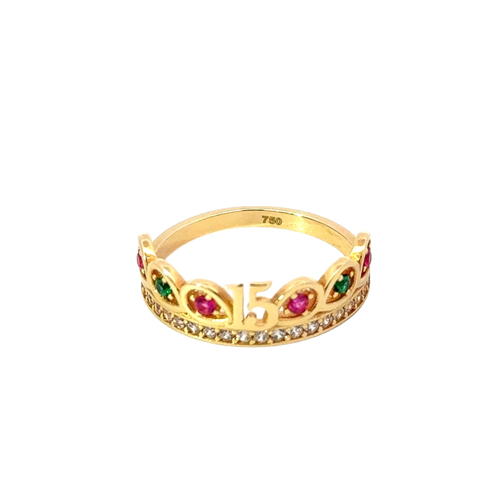 Anillo 18k diseño de corona quinceañera con circones de colores