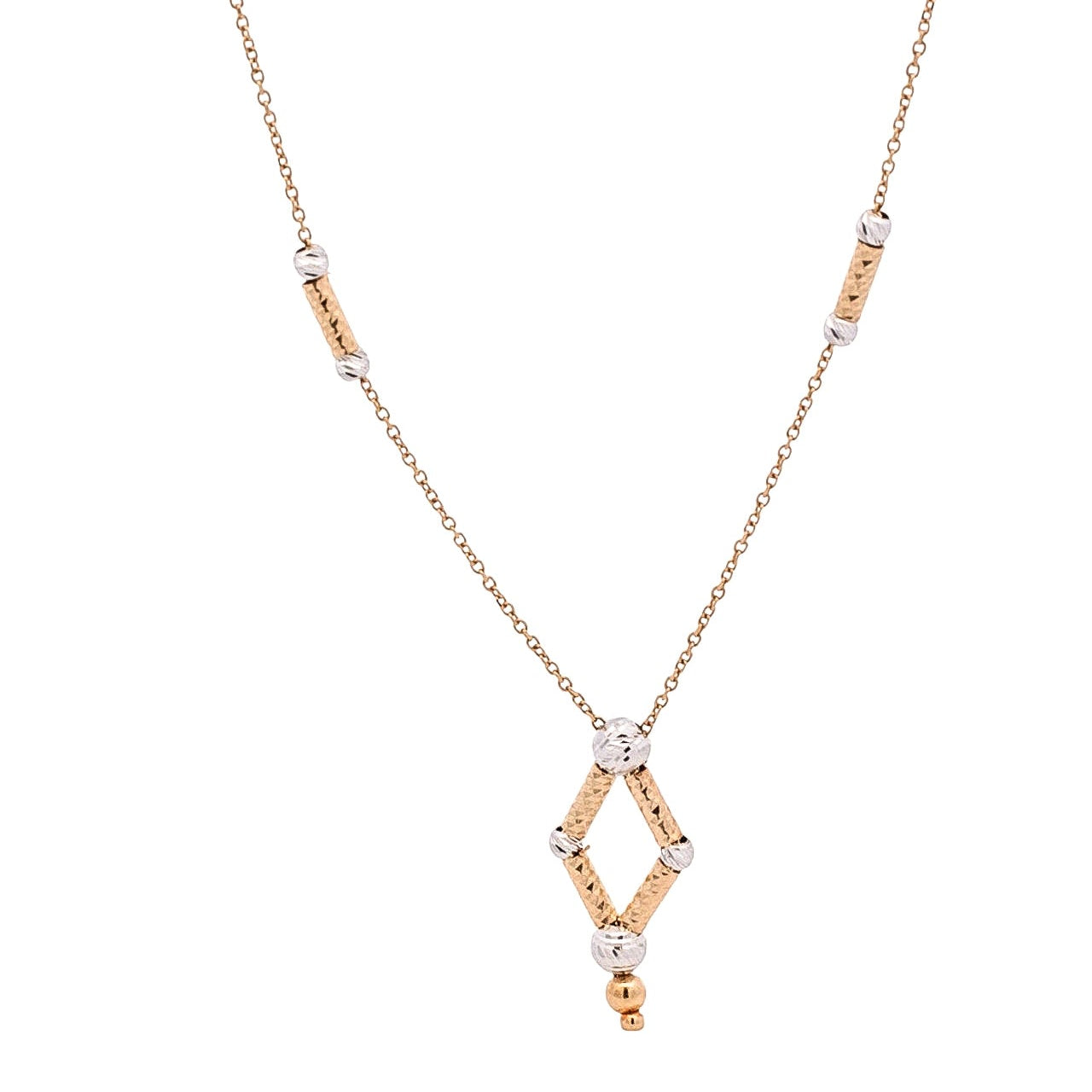 Collar 18k en diseño de eslabones con barra y bolitas martilladas