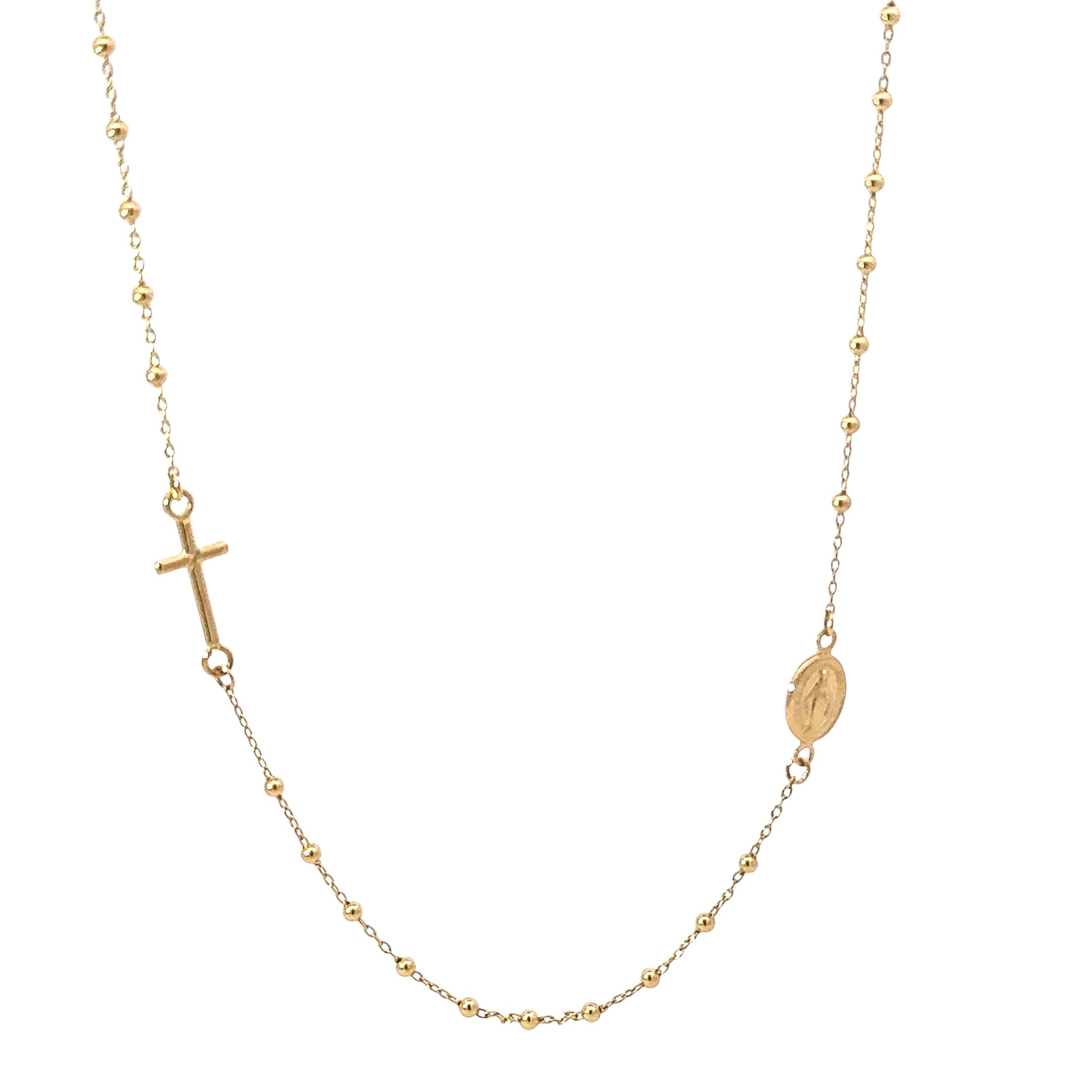Collar 18k diseño religioso con medalla de la virgen milagrosa y cruz