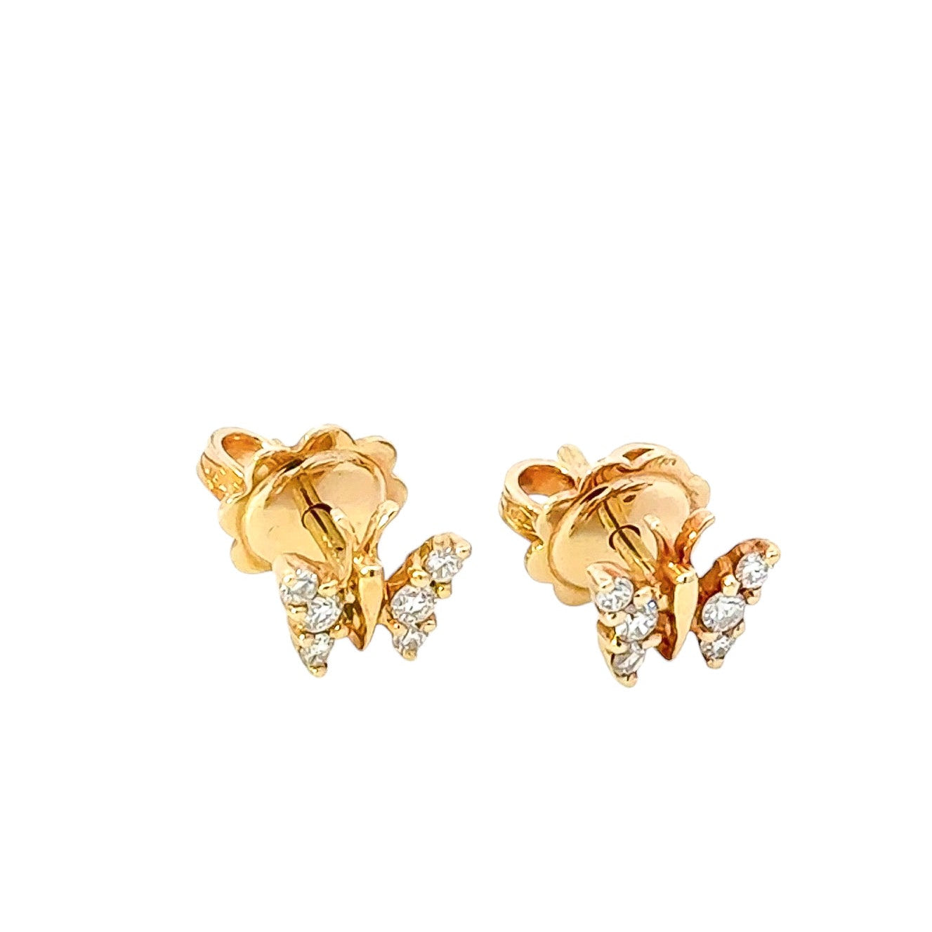 Aretes oro amarillo 18k diseño de mariposas con diamantes