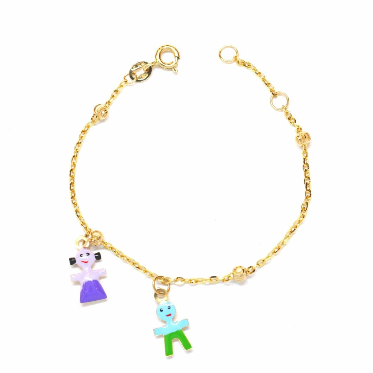 Pulsera lineal esmaltada con figuras de niño y niña en oro amarillo 18k