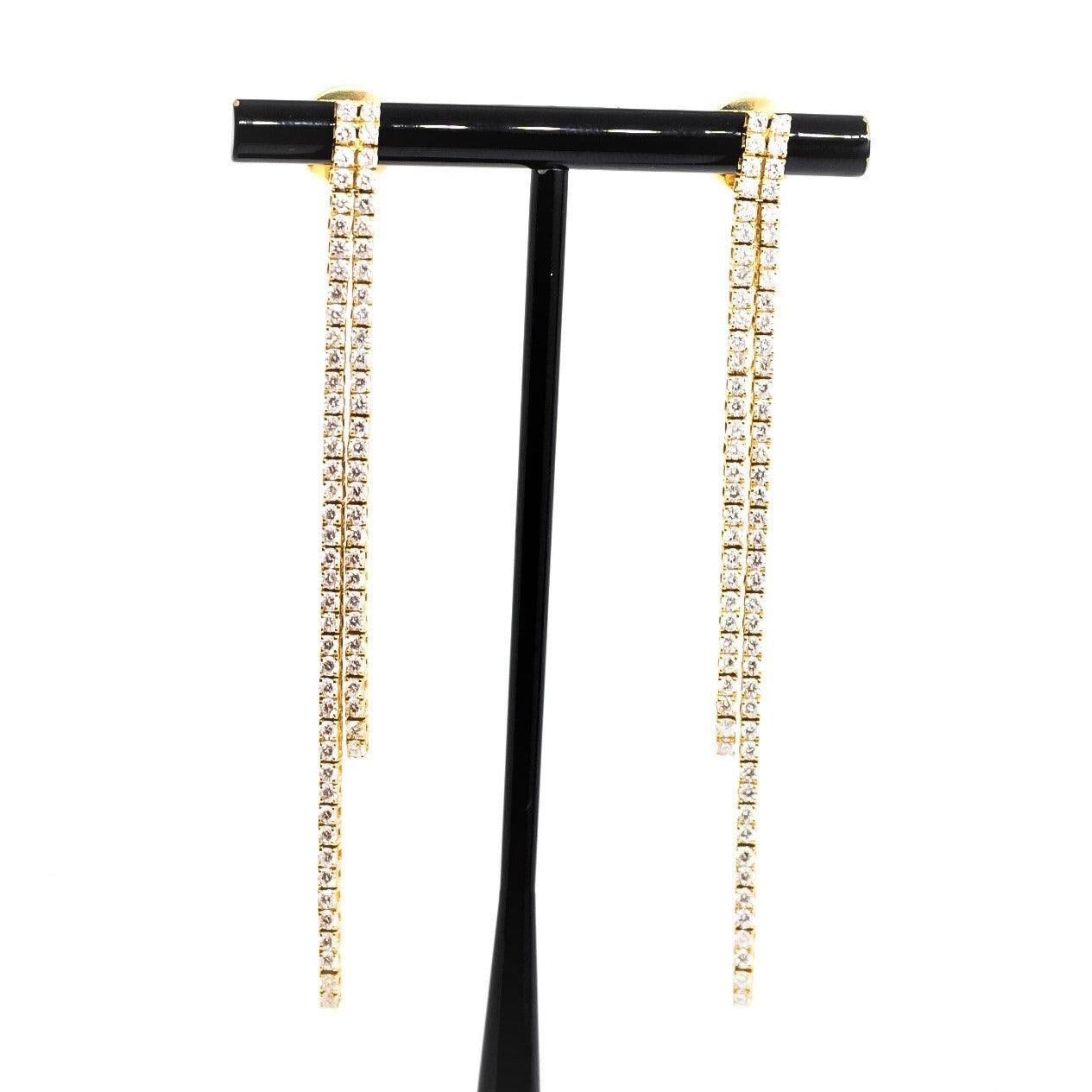 Aretes tenis largos doble líneas en oro amarillo 18kt  con diamantes